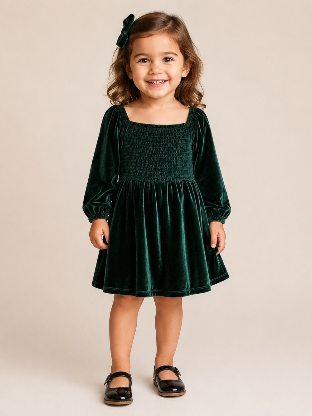 Tullabee 3T Green Velvet Smocked Square-Neck Dress